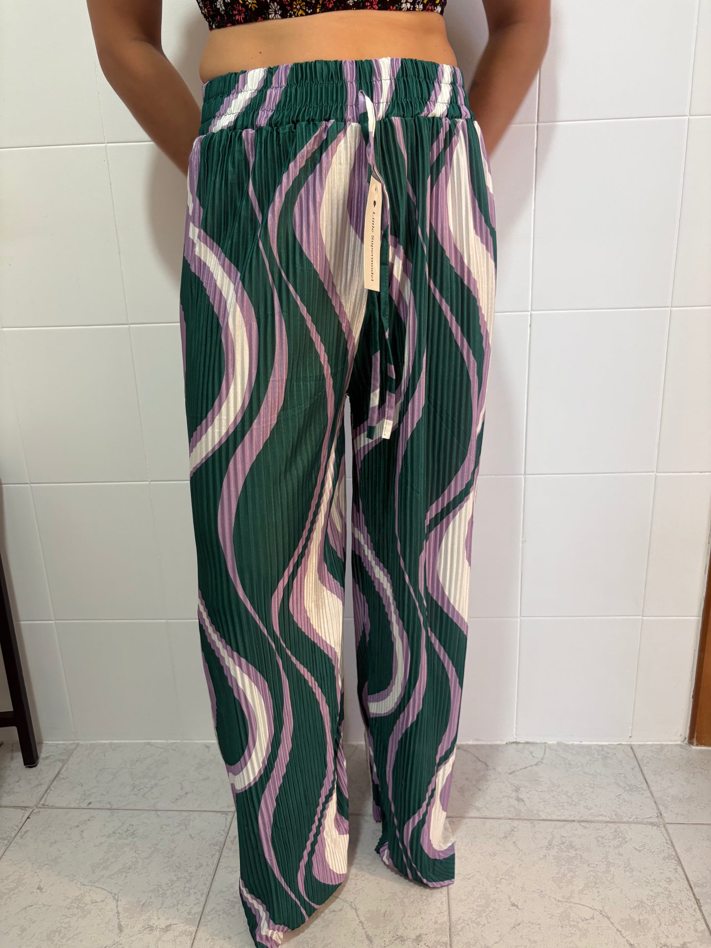 Pantaloni Plissé Wide Leg con Stampa Wave | Vita Elastica