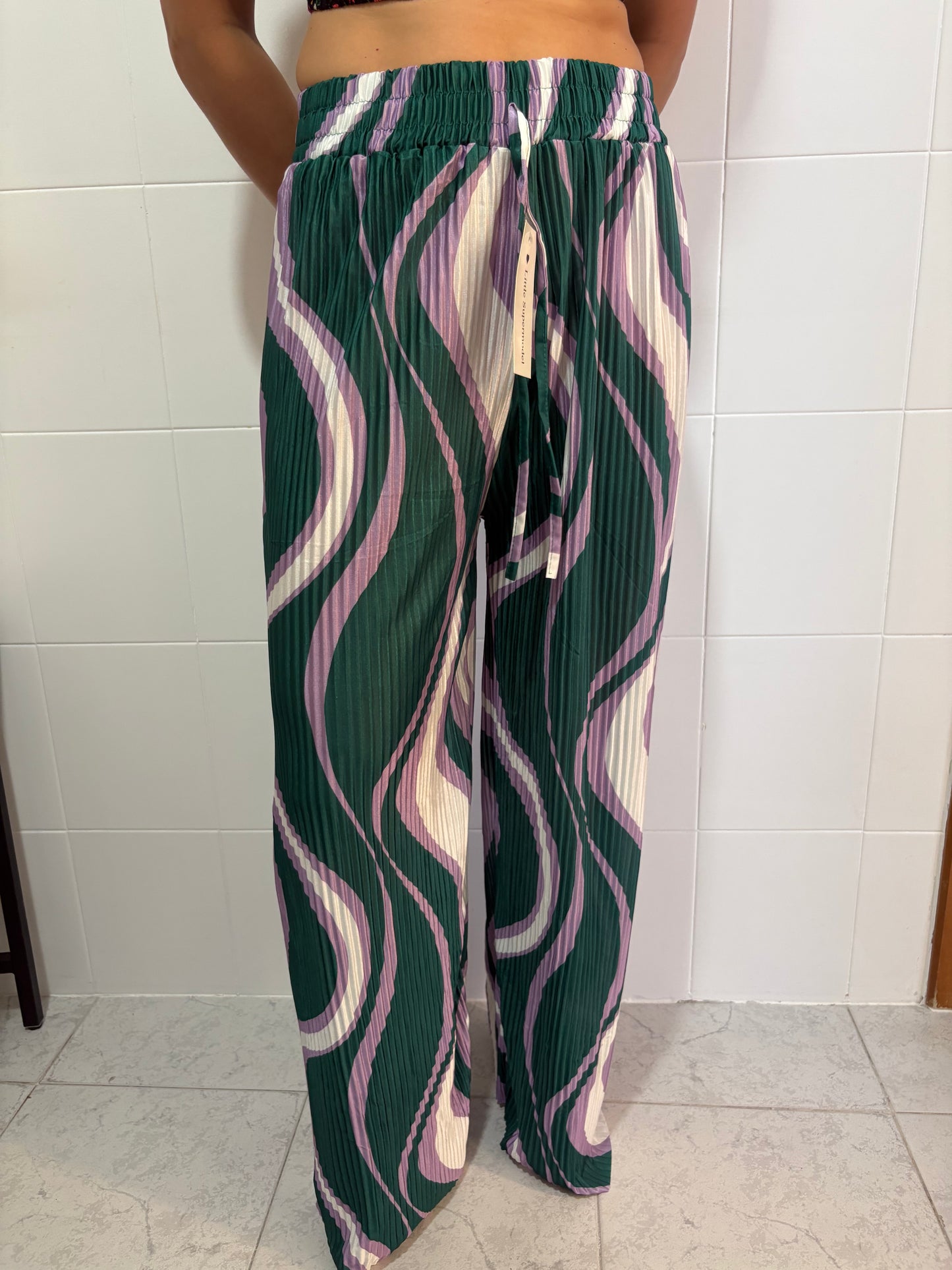 Pantaloni Plissé Wide Leg con Stampa Wave | Vita Elastica