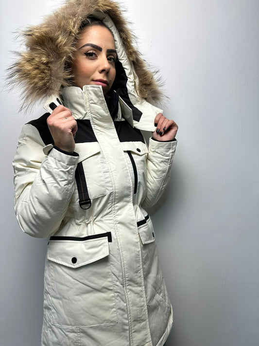 Piumino Lungo Bianco e Nero con Cappuccio in Pelliccia - Parka Invernale Donna