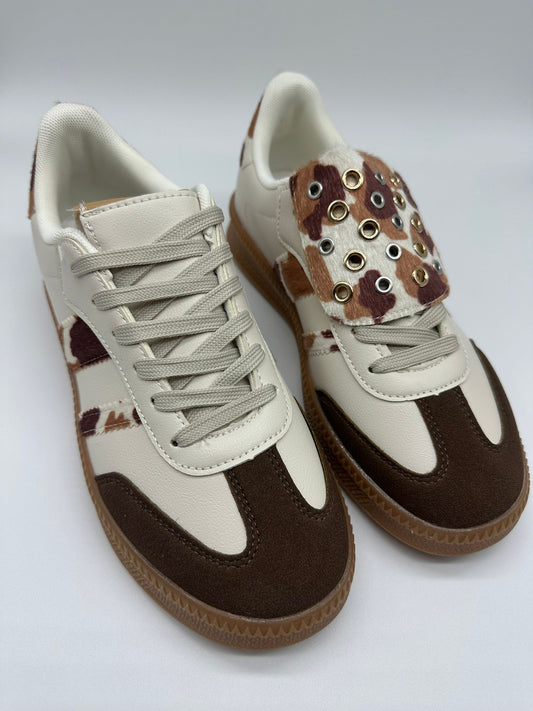 BROWN - Sneakers Sportive Donna Animalier Bianche e Marroni con Dettagli Maculati