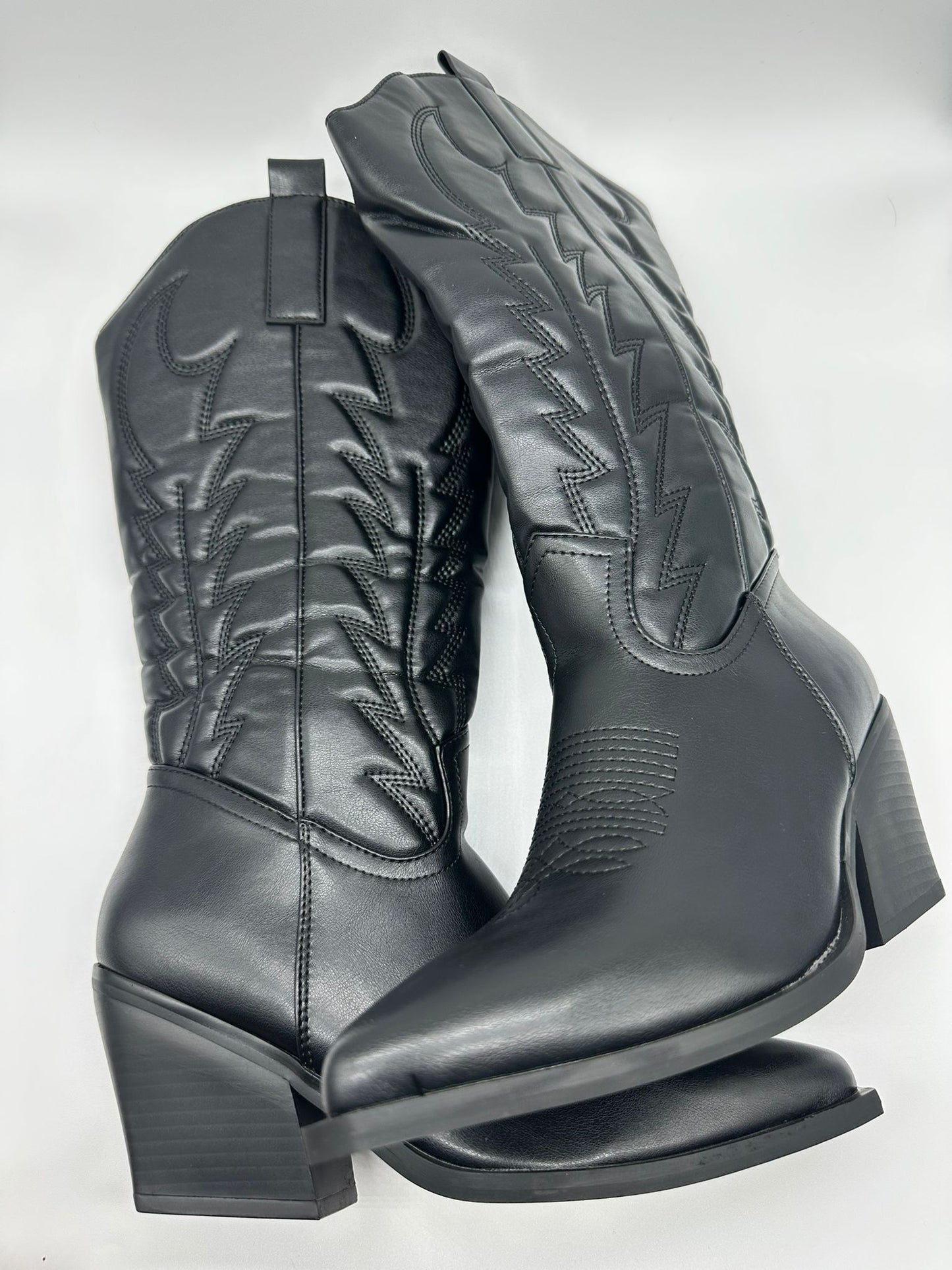 Stivali Texani Donna Neri in Ecopelle con Ricami Western e Tacco