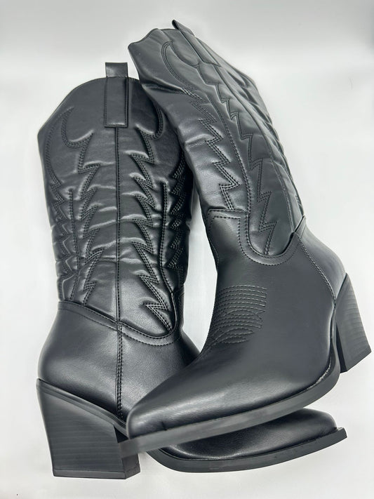 Stivali Texani Donna Neri in Ecopelle con Ricami Western e Tacco