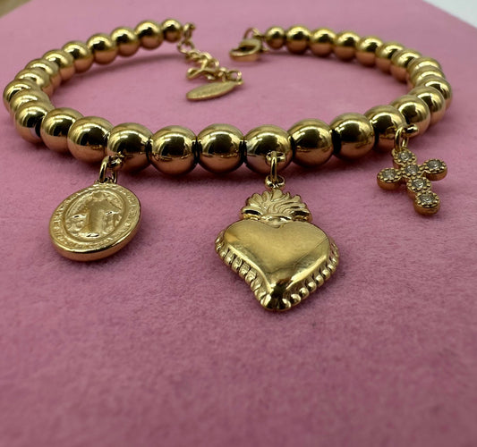 Bracciale con Ciondoli Sacro Cuore Croce Medaglia