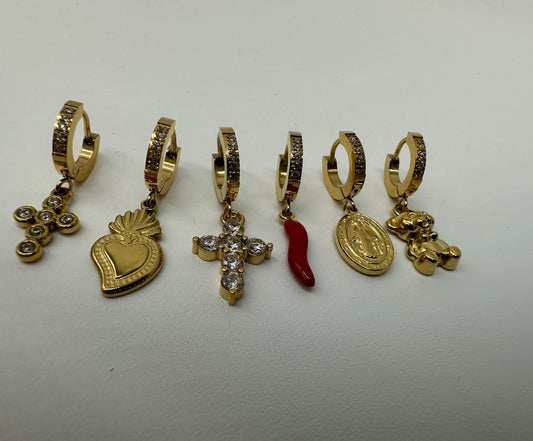 Set 6 Orecchini a Cerchio con Charm Oro - Croce Cuore Cornetto - DR-CLYDE SHOP