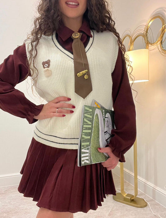 Completo Gilet e Gonna Plissettata - Stile College Elegante