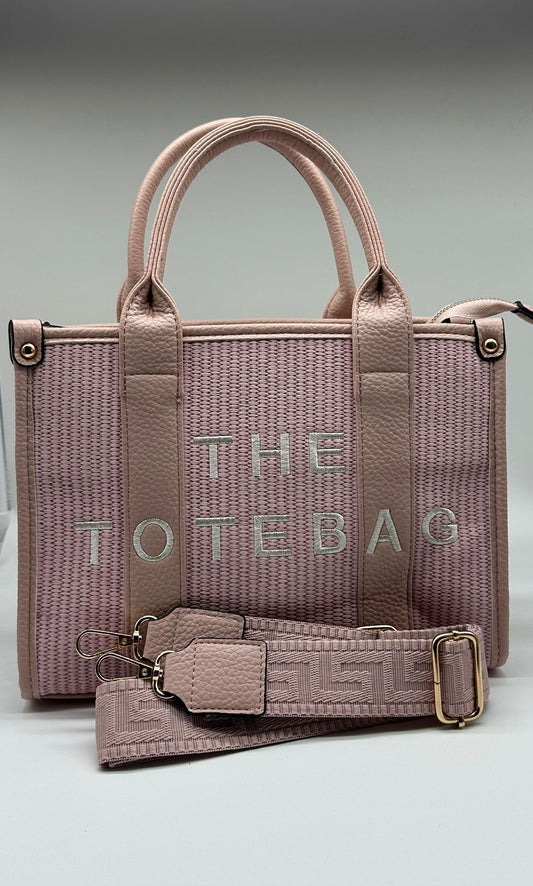Borsa Tote in Tessuto con Scritta in Rilievo e Tracolla Regolabile