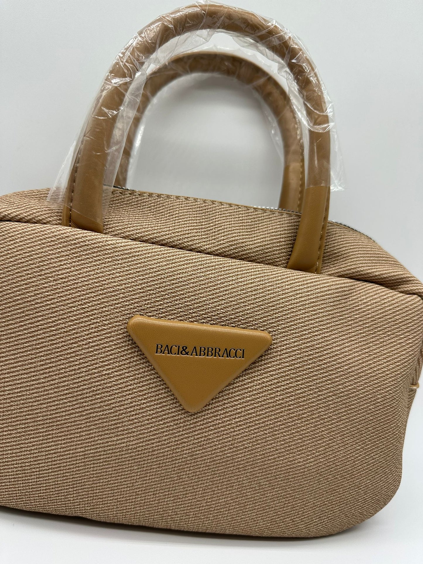 Borsa a Mano in Tessuto con Logo Triangolare - Manici Rigidi