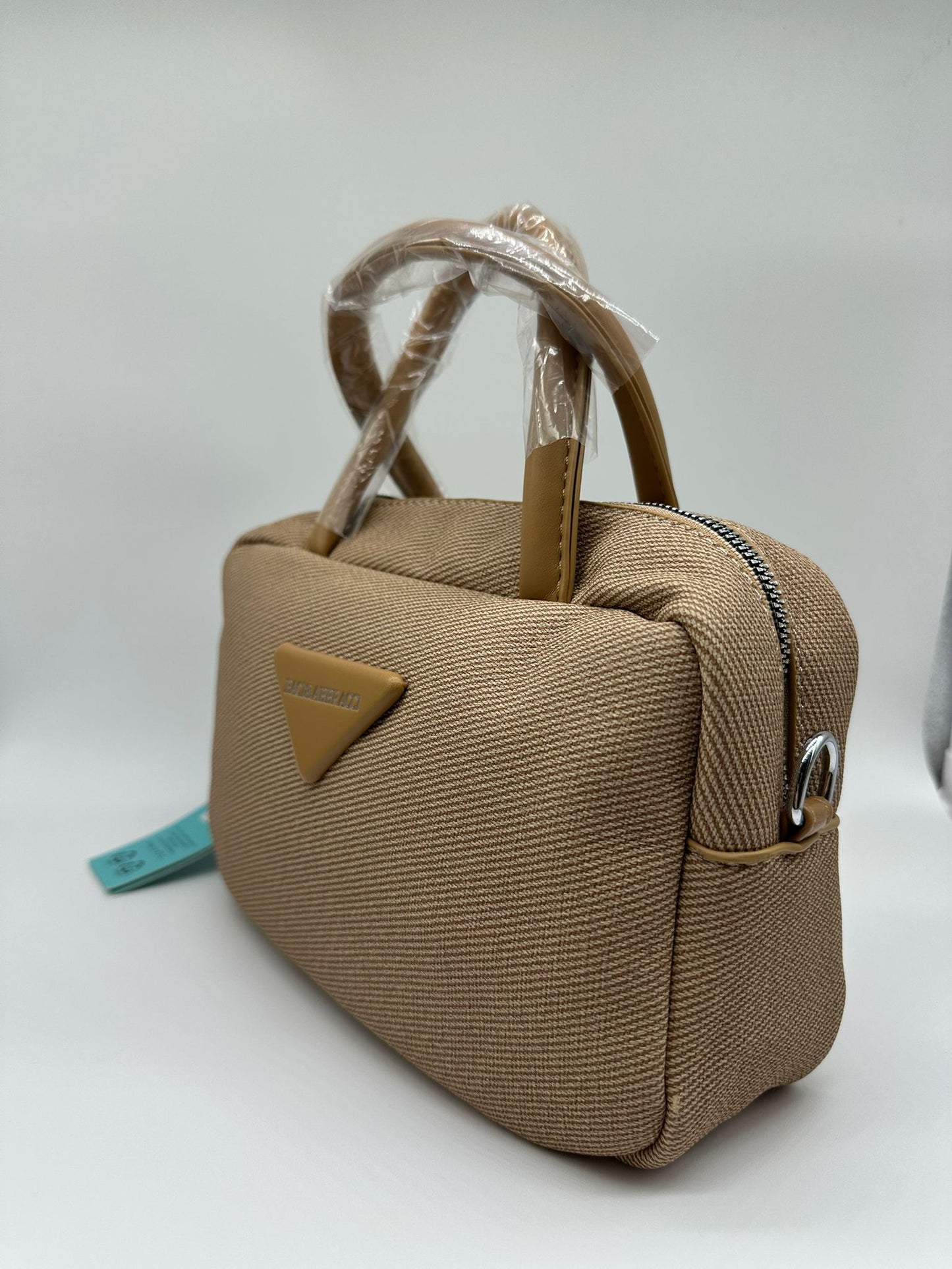 Borsa a Mano in Tessuto con Logo Triangolare - Manici Rigidi