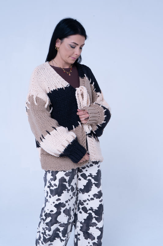 Cardigan Oversize a Righe Beige e Nero - Taglia Unica